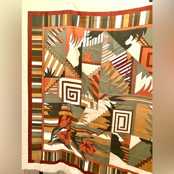 Vintage Fidan Scarf Cream Brown Rust And Green 46" x 46" Made in Turkey - Picture 4 of 8